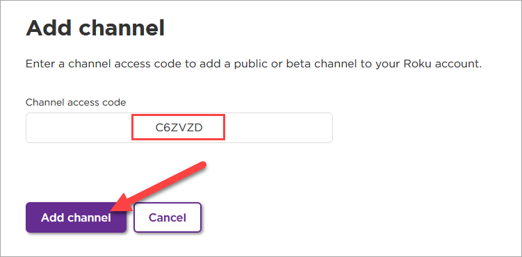 Entering channel code for Roku.