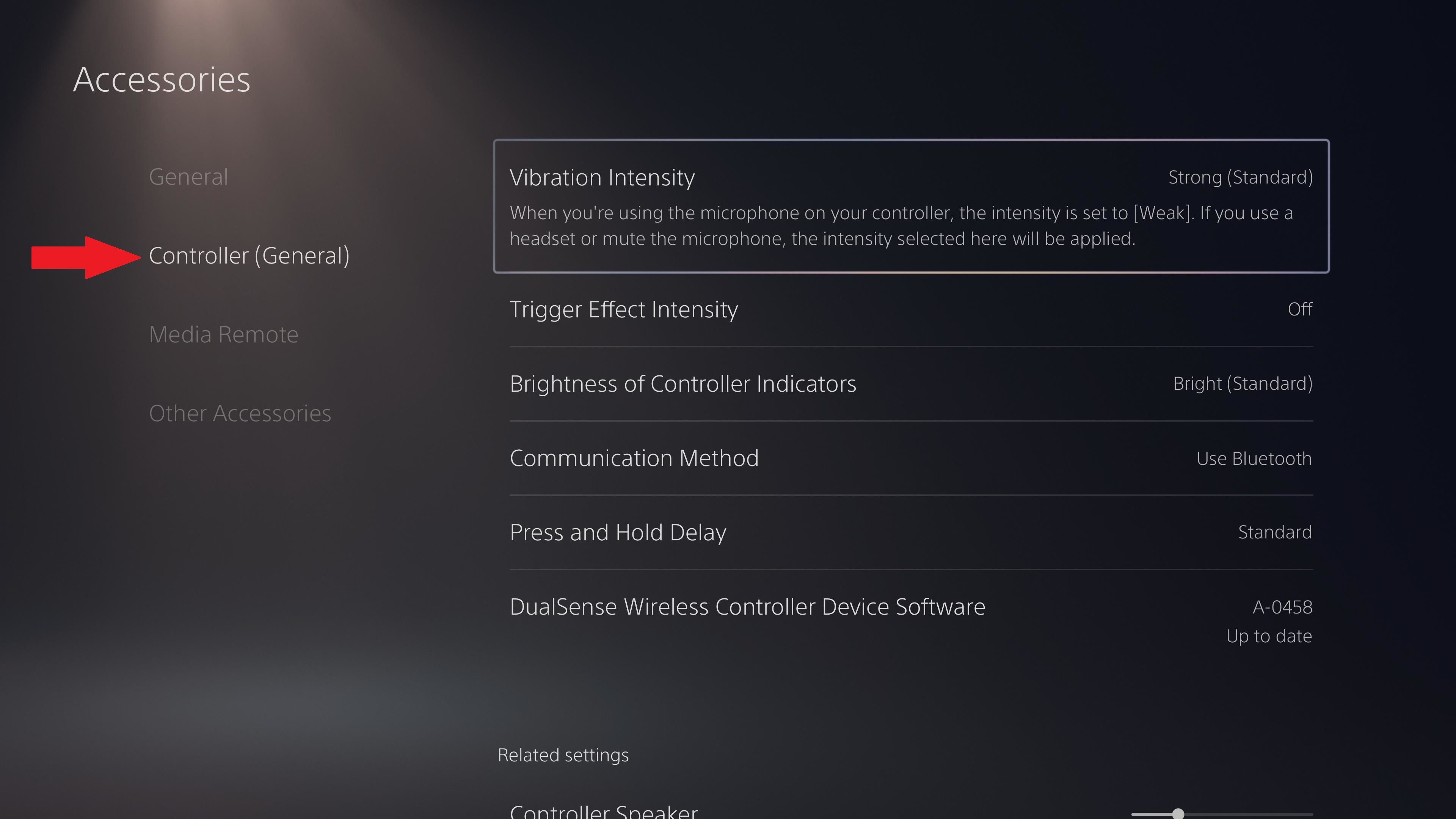The general settings screen for the PS5 controller accessed via the console settings.