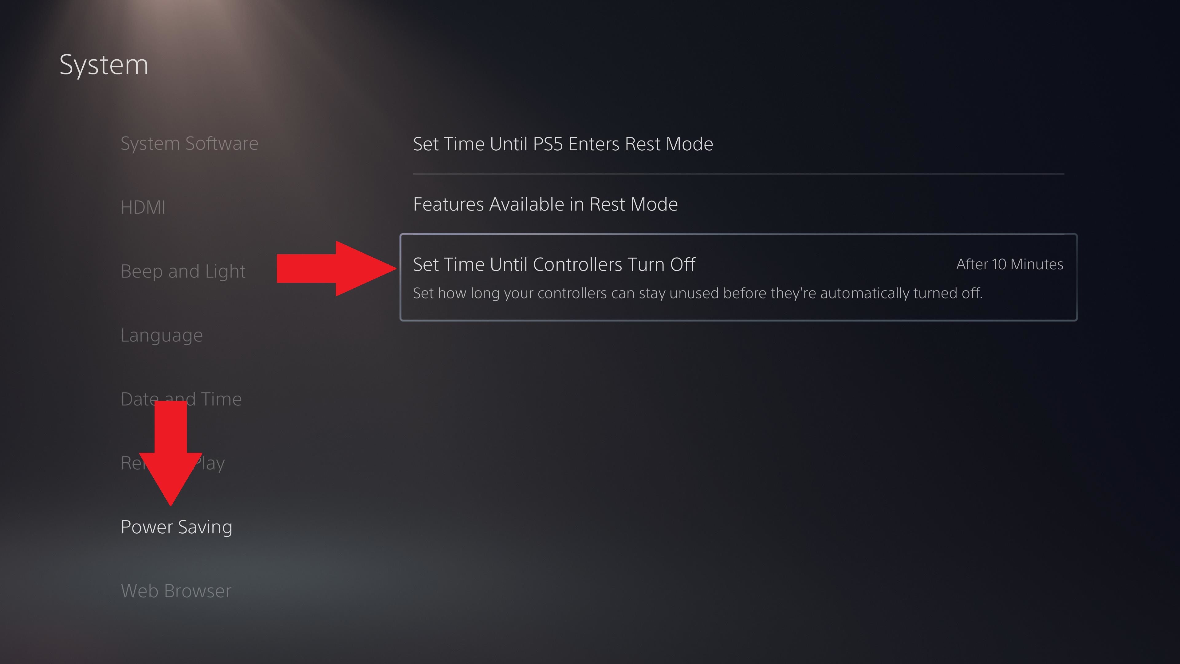The auto shut-off timer for the Dualsense in the PS5's power saving settings.