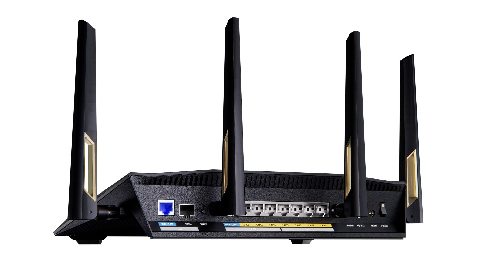 Black wireless router with four antennas.