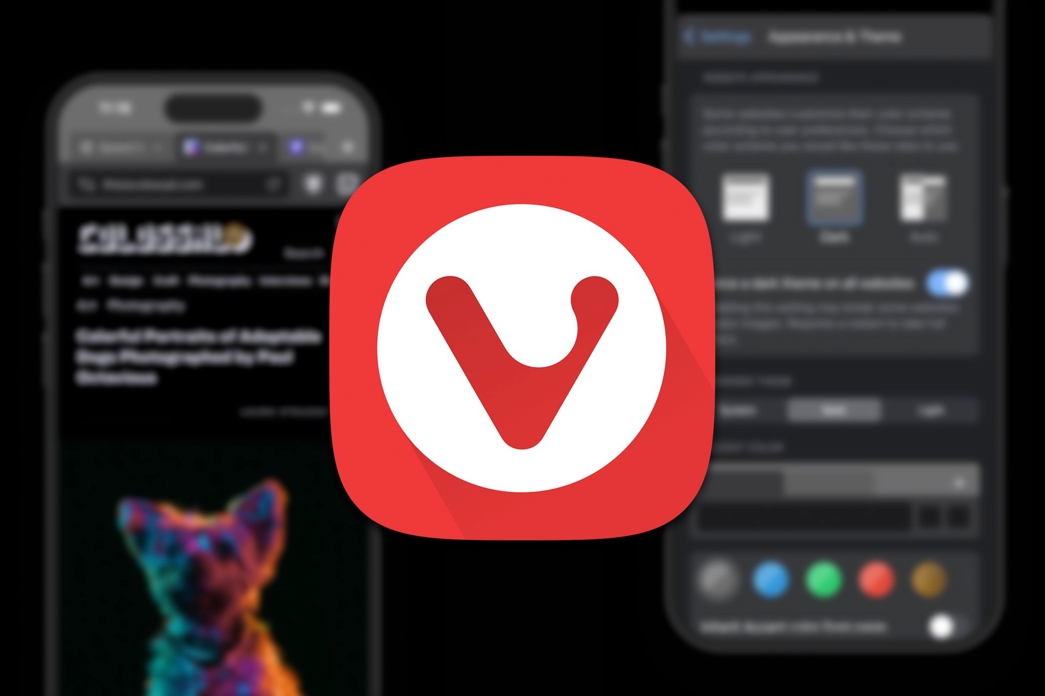 The Vivaldi logo over screenshots of the Vivaldi iOS app.