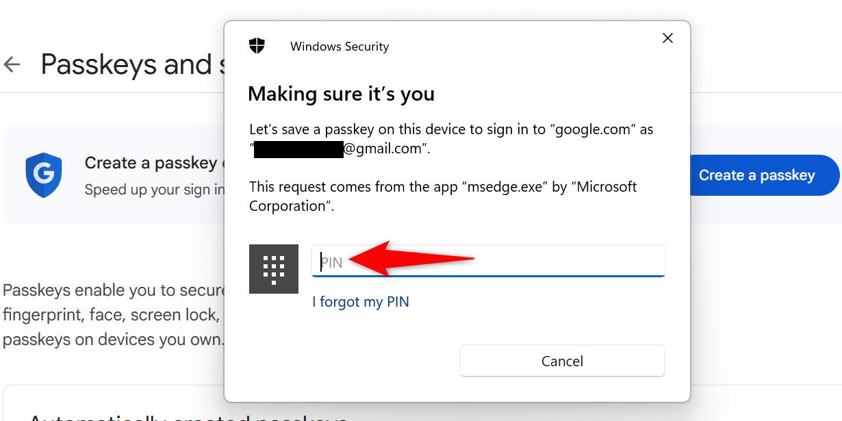 A 'Windows Security' prompt for creating a passkey.