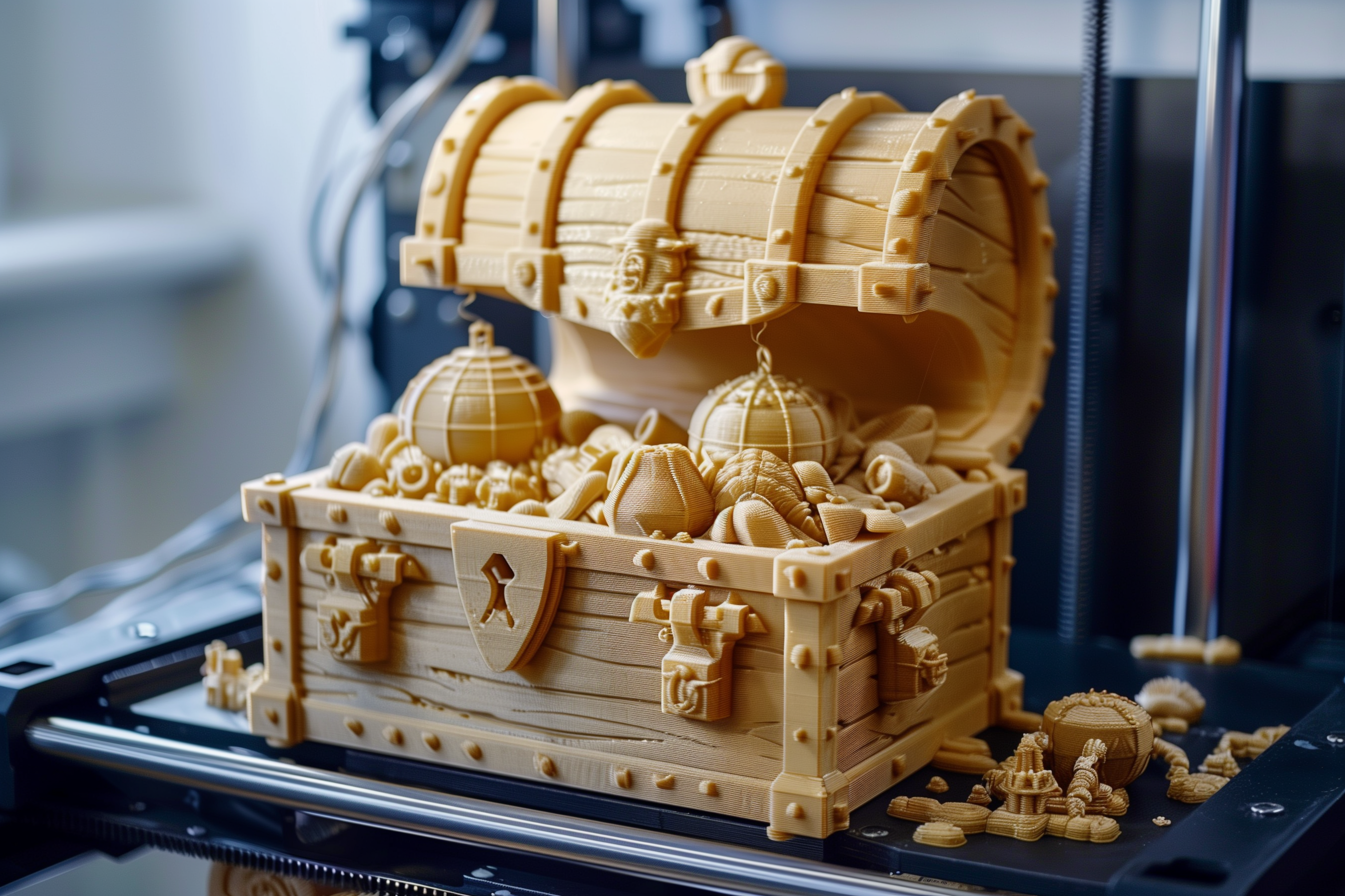 An AI-generated image of a 3D-printed treasure chest on a print bed.