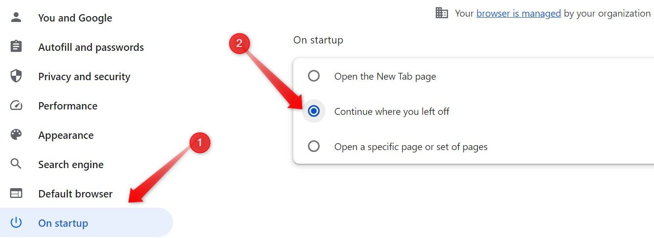 Enabling the 'continue where you left off' feature in Chrome settings.
