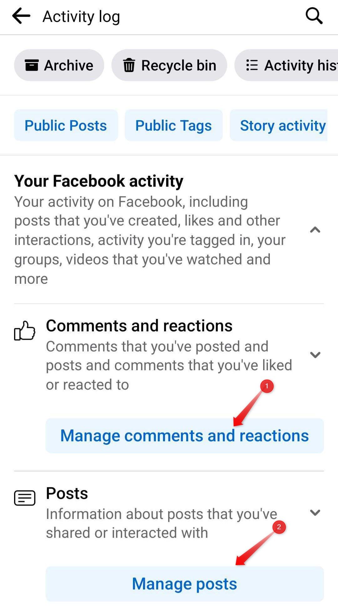 Checking the comments reactions and posts from the Facebook&rsquo;s activity log.