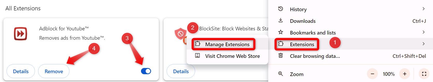 Disabling or removing an extension in Chrome settings.
