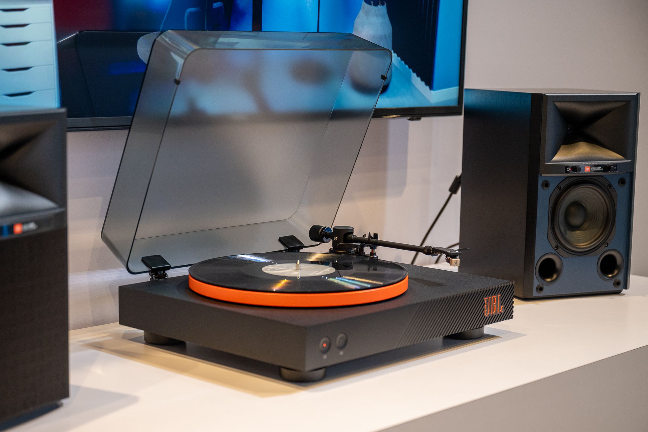 JBL record player and speakers playing vinyl at CES 2024.
