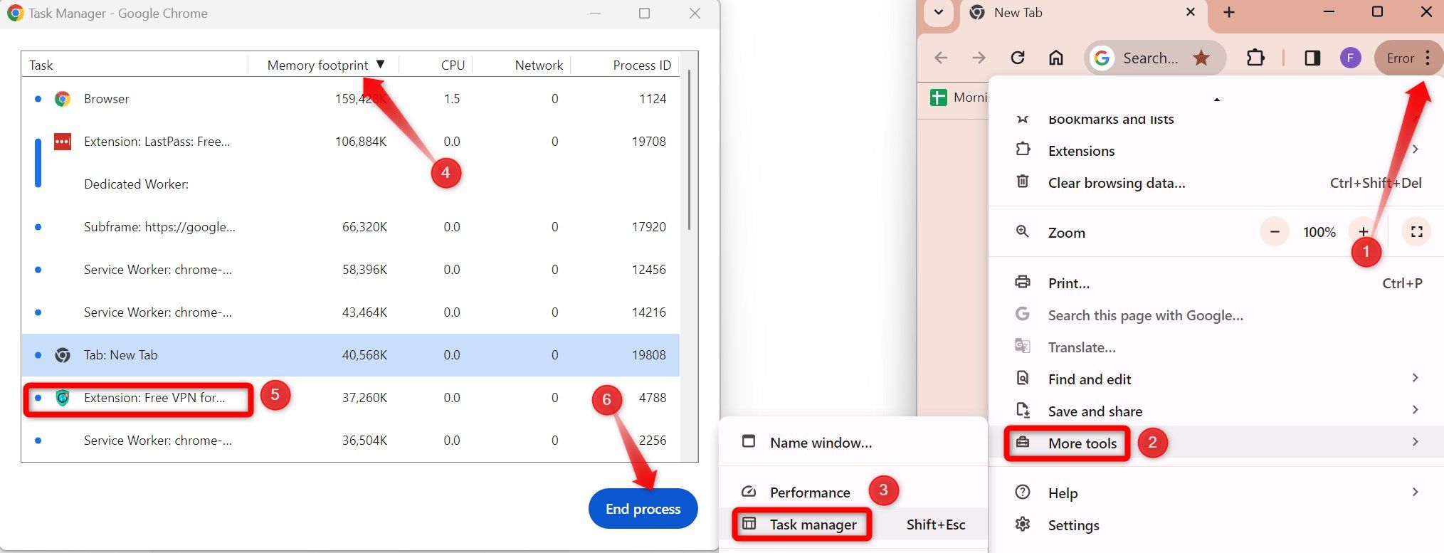 Closing a resource-hungry process in Chrome's task manager.