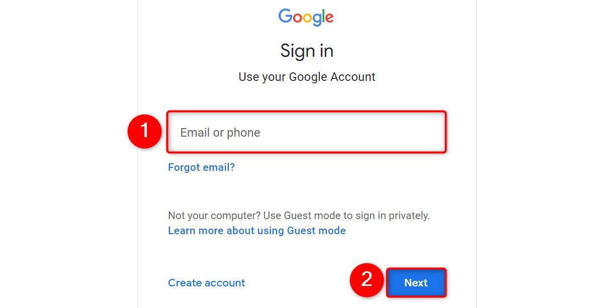 The 'Email or Phone' field and the 'Next' button highlighted on Google's login page.