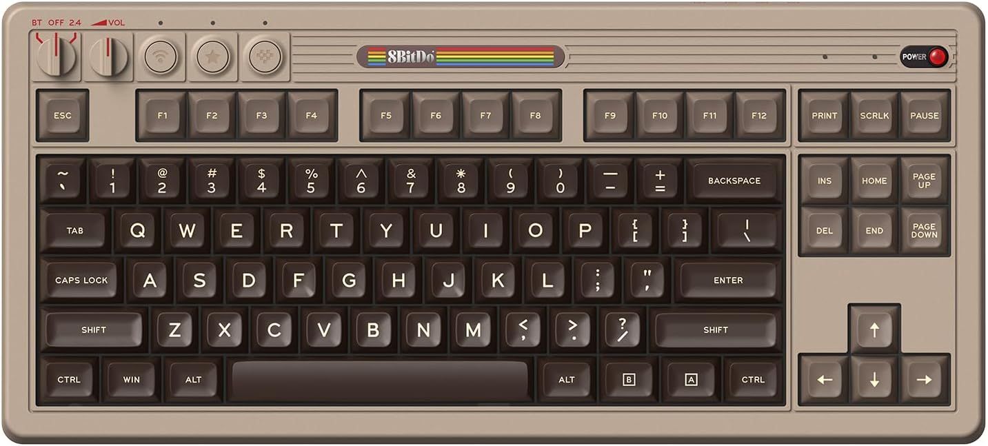 Retro-style mechanical keyboard with rounded keys and a metallic body.