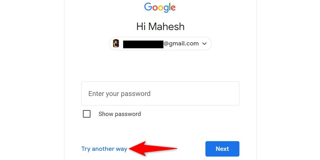 'Try Another Way' highlighted on Google's password page.