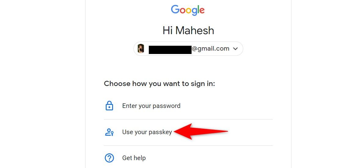 'Use Your Passkey' highlighted on Google's alternate password options.