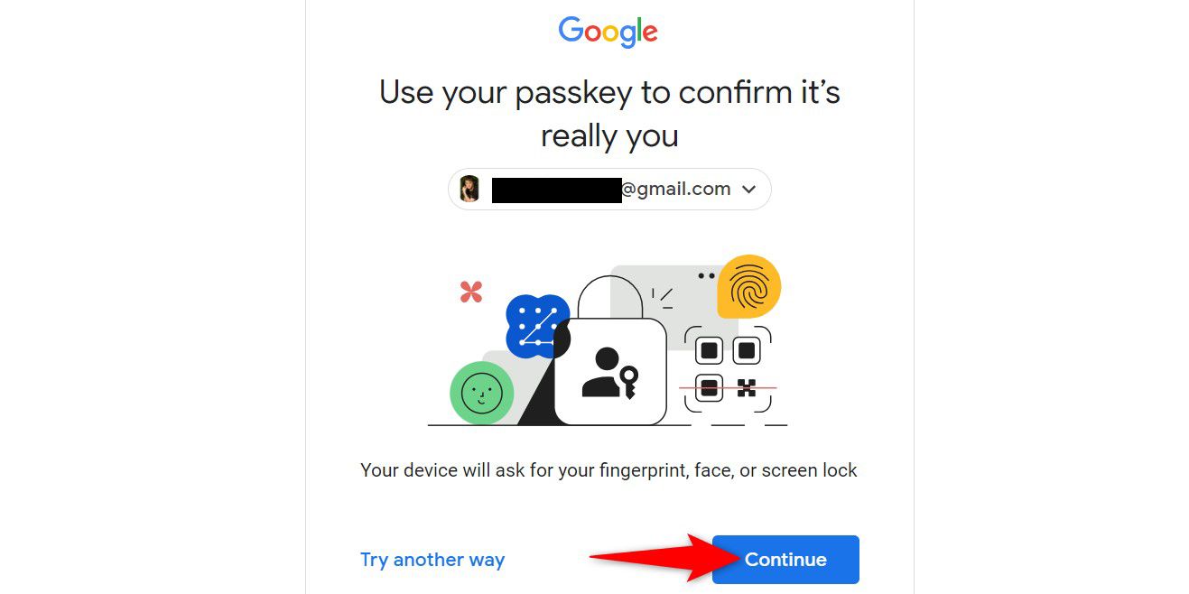 'Continue' highlighted on Google's passkey usage page.