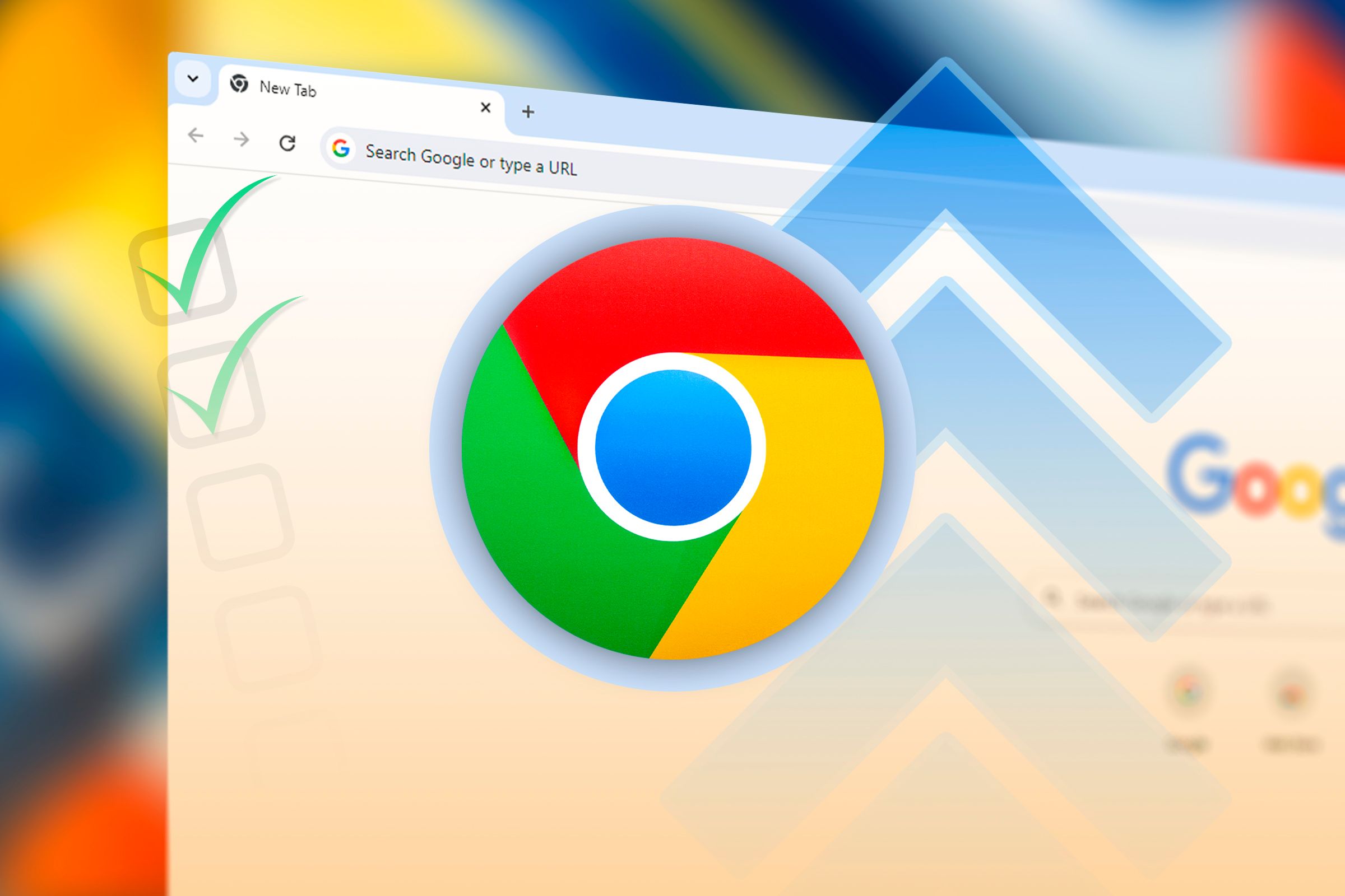 A Google Chrome icon with the Chrome browser as the background and some arrows and checklist icons in front of it