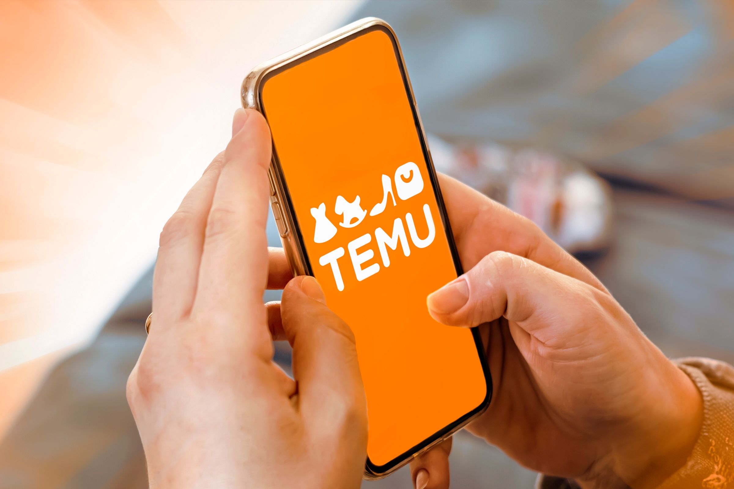 A hand holding a smartphone with Temu logo on the screen