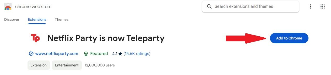 Add Teleparty to Chrome by clicking the Add to Chrome button