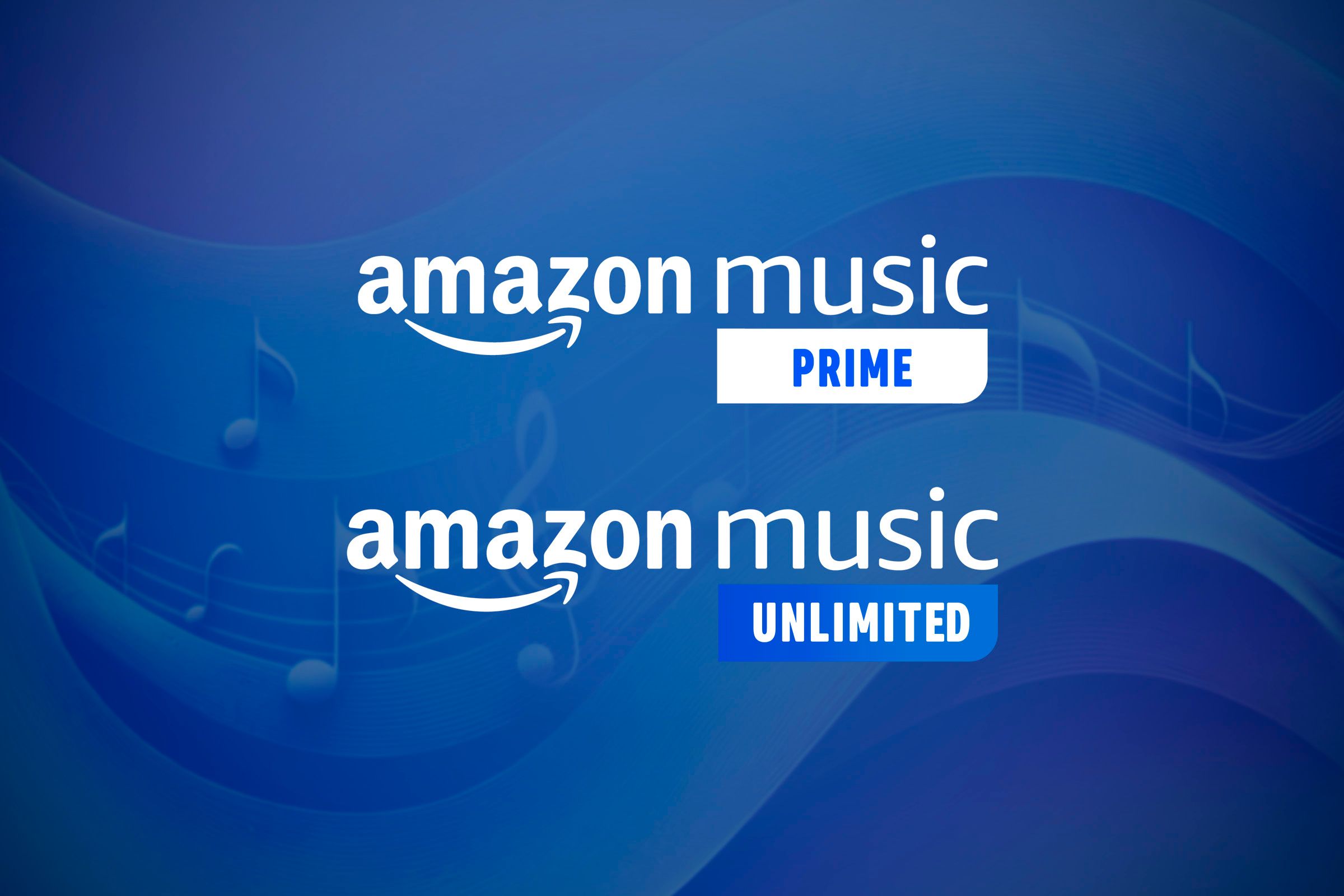 The amazon music prime logo on top and the amazon music unlimited on bottom with a musical wave background