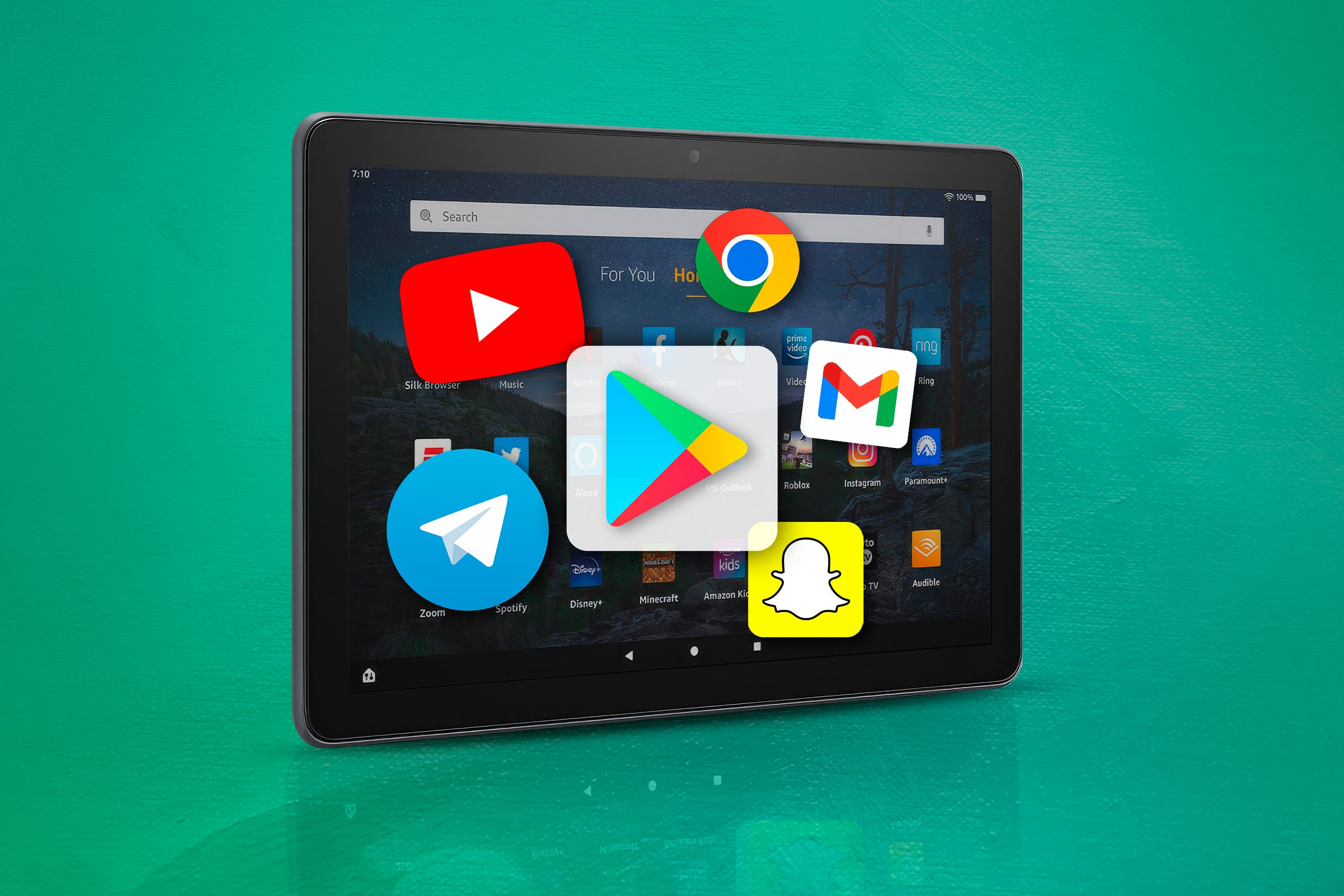 An Amazon Fire Tablet with The Play Store logo in the center and some apps icons behind it.
