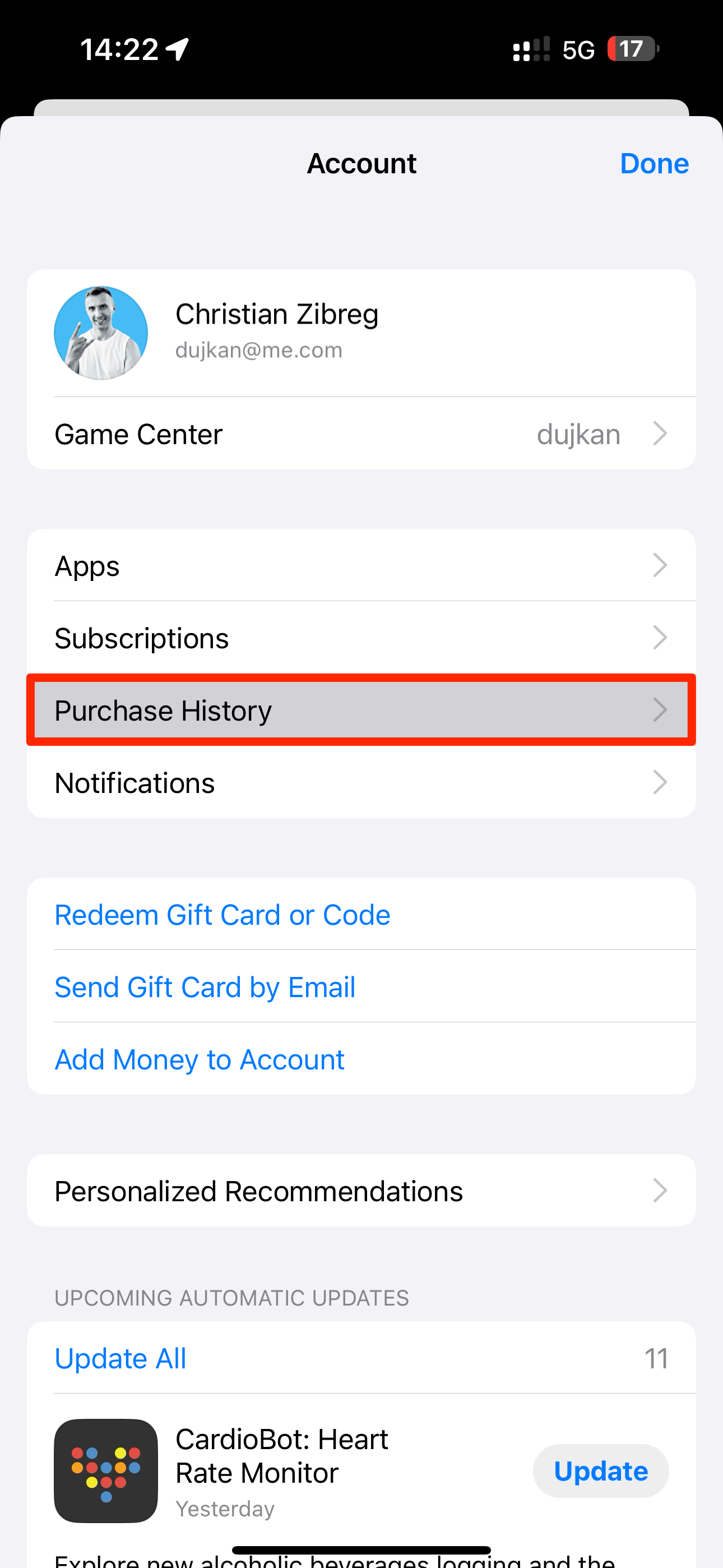 App Store on iPhone with the Purchase History option highlighted.
