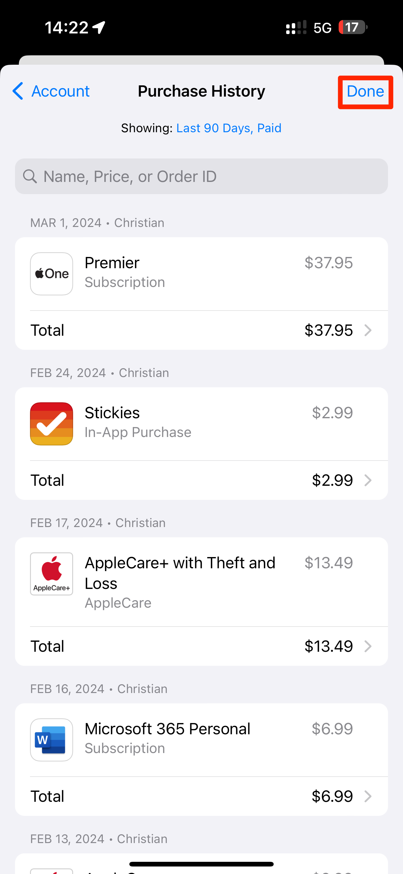 Viewing purchase history in App Store on iPhone.