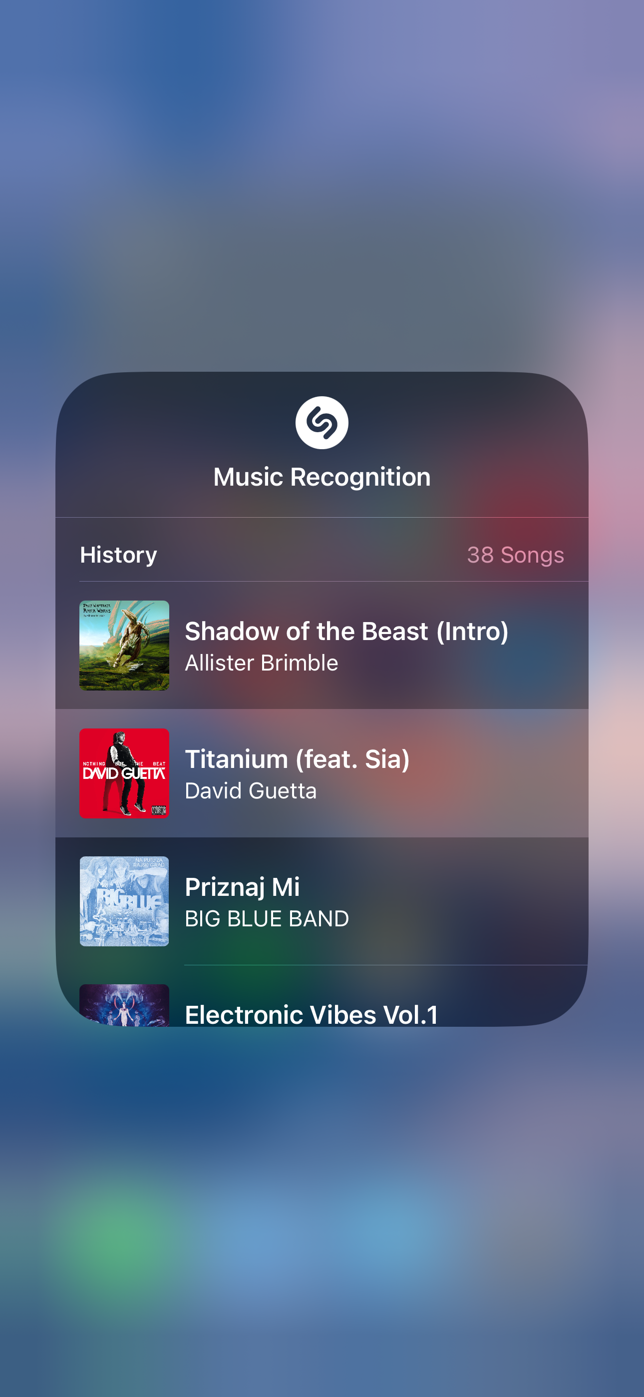 A song selected in the Music Recognition history menu in Control Center on iPhone.
