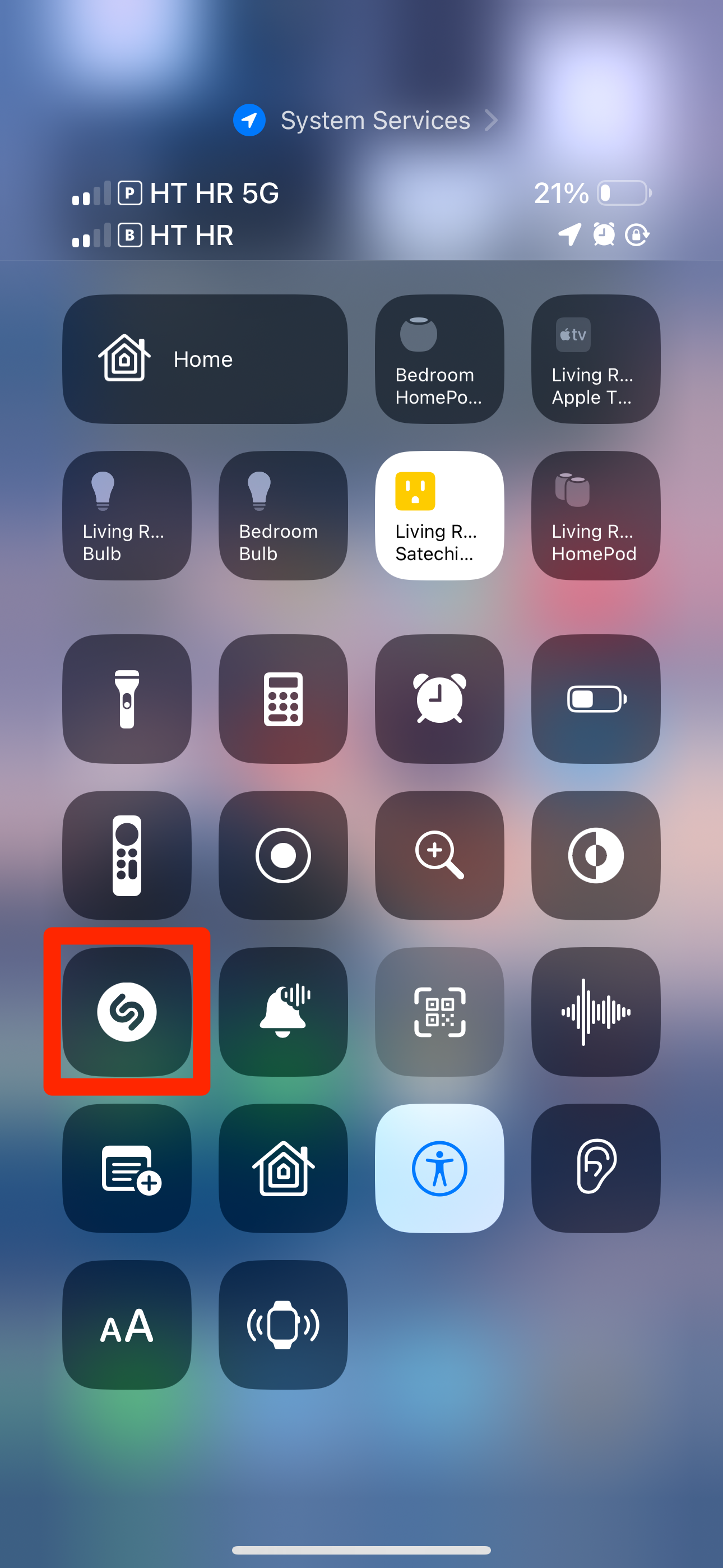 Control Center on iPhone with the Shazam icon highlighted.