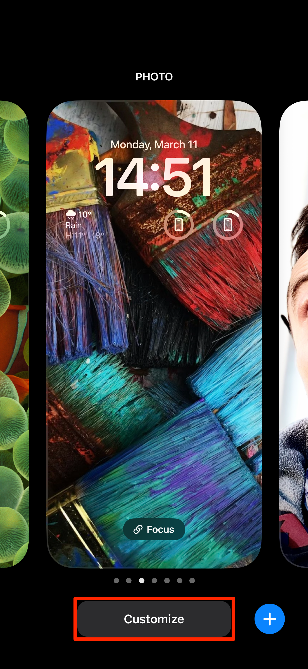 Editing iPhone's Lock Screen, with the Customize button highlighted.