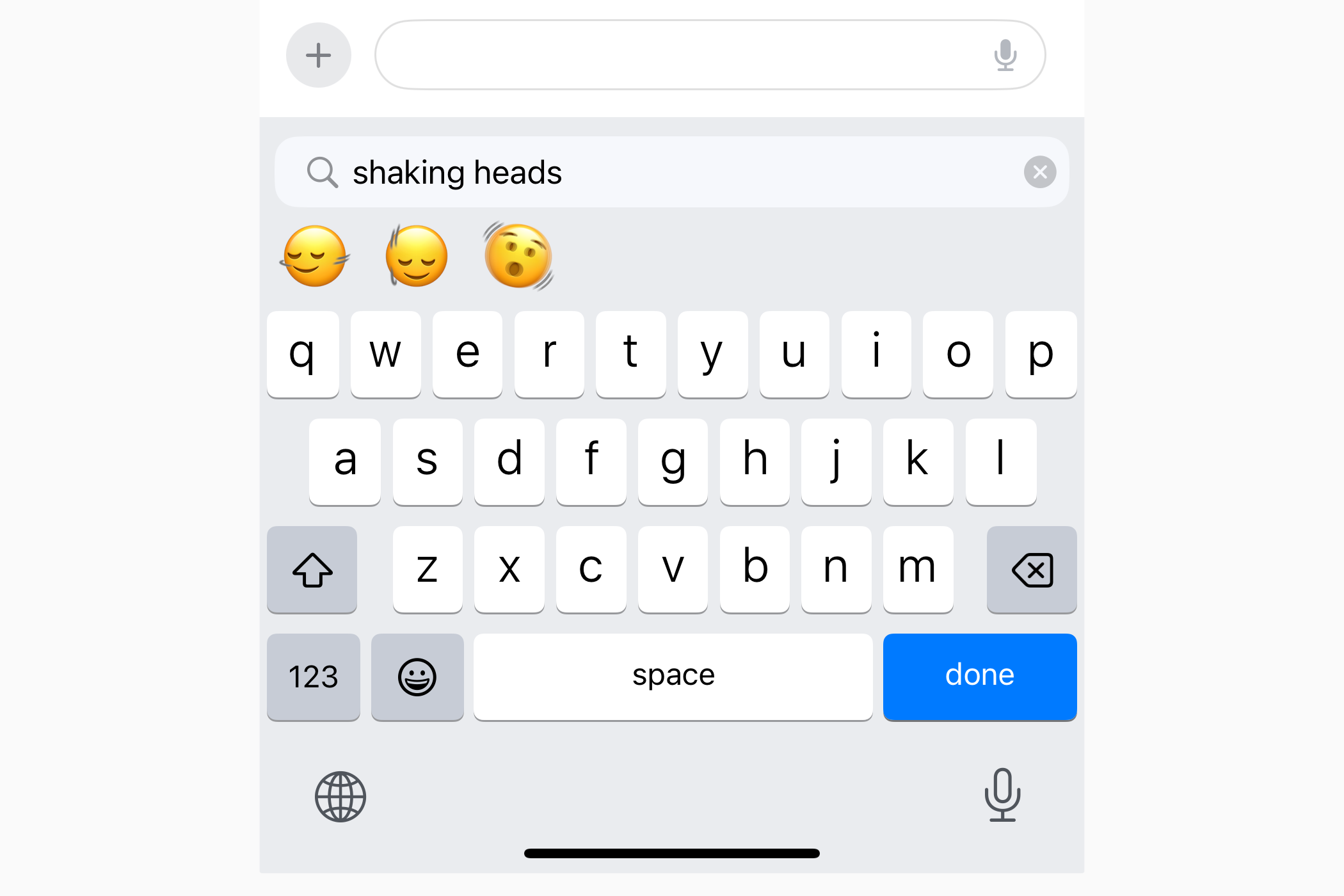 Using emoji search on iPhone to find characters shaking their heads.