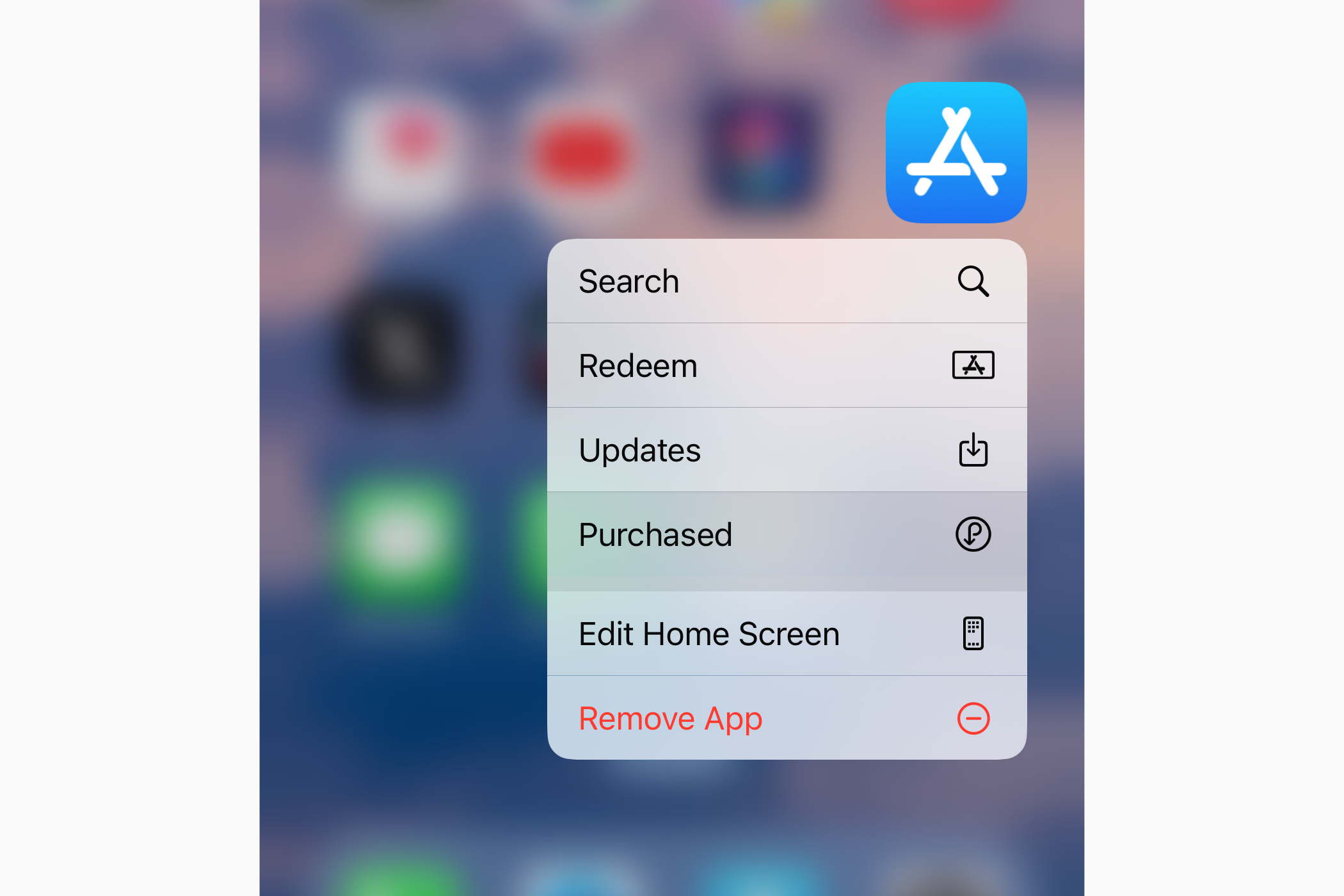 The home screen on an iPhone showing the App Store shortcut menu with the Purchased option highlighted.