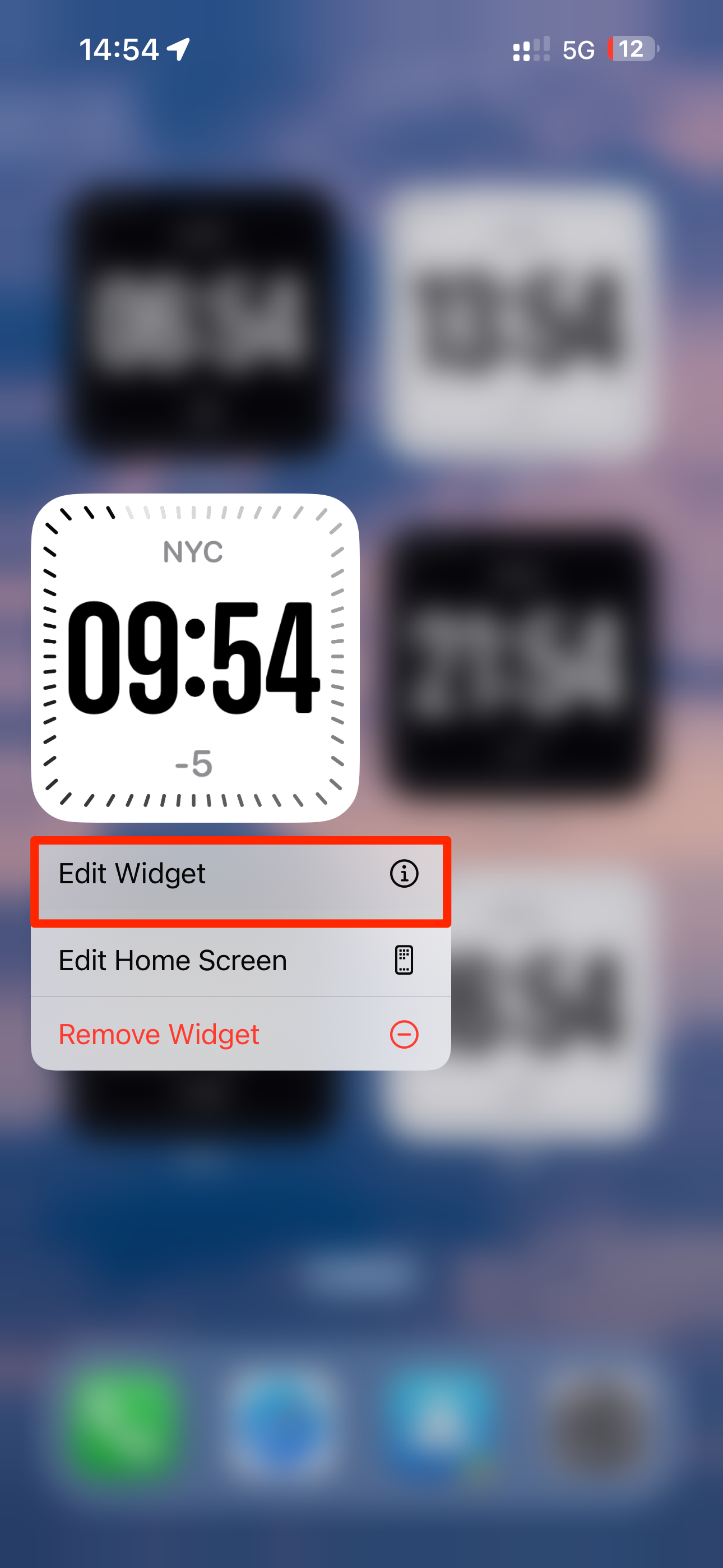 City Digital widget on iPhone's Home Screen with the Edit Widget menu option highlighted.