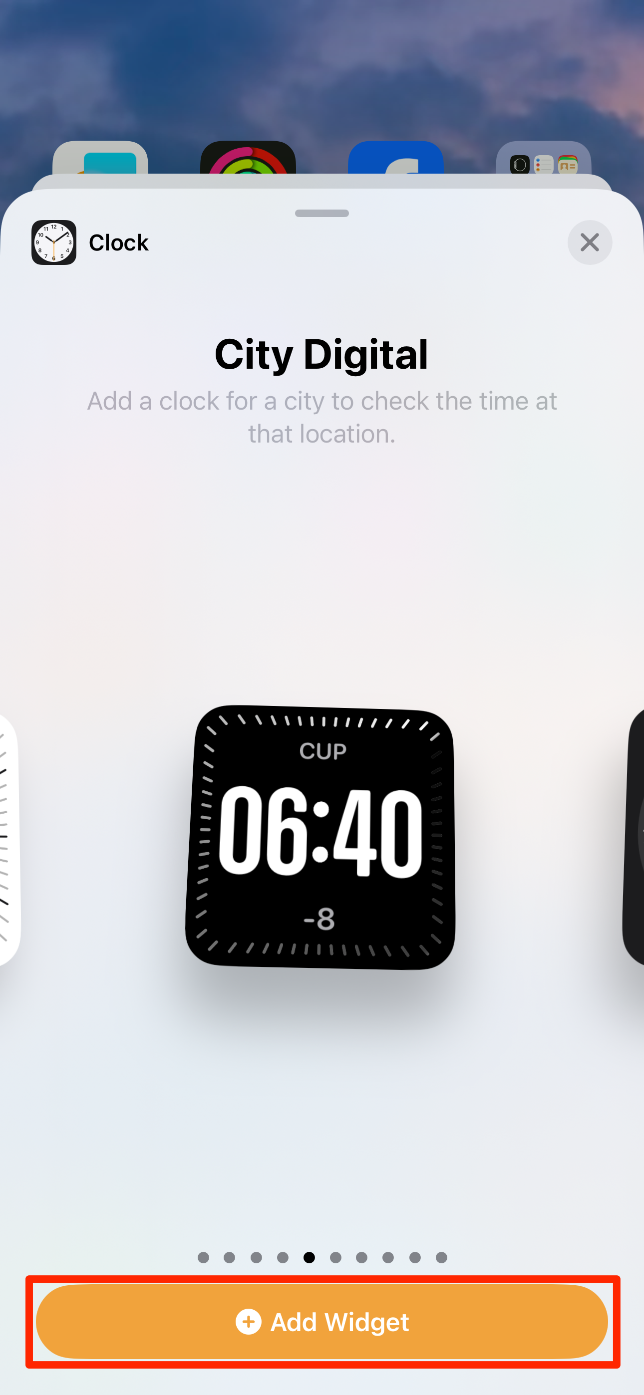 City Digital widget in iPhone's widget gallery, with the Add Widget button highlighted.