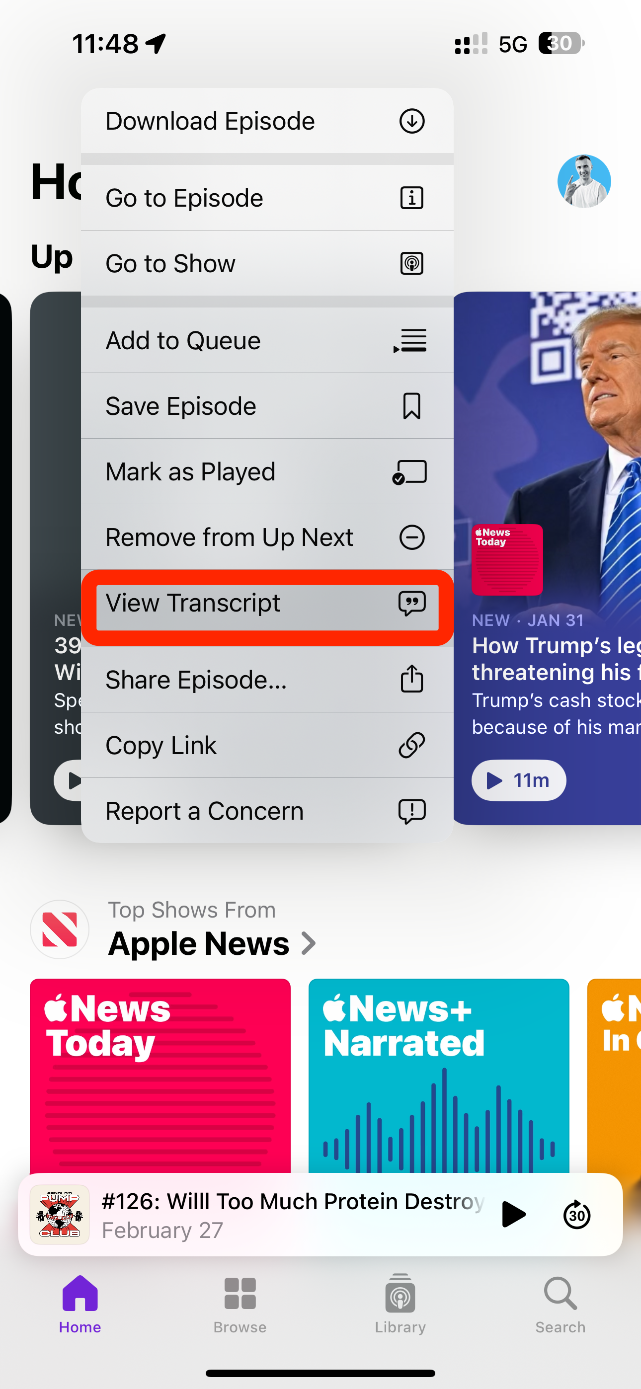Apple Podcasts on iPhone with the View Transcript menu option selected.