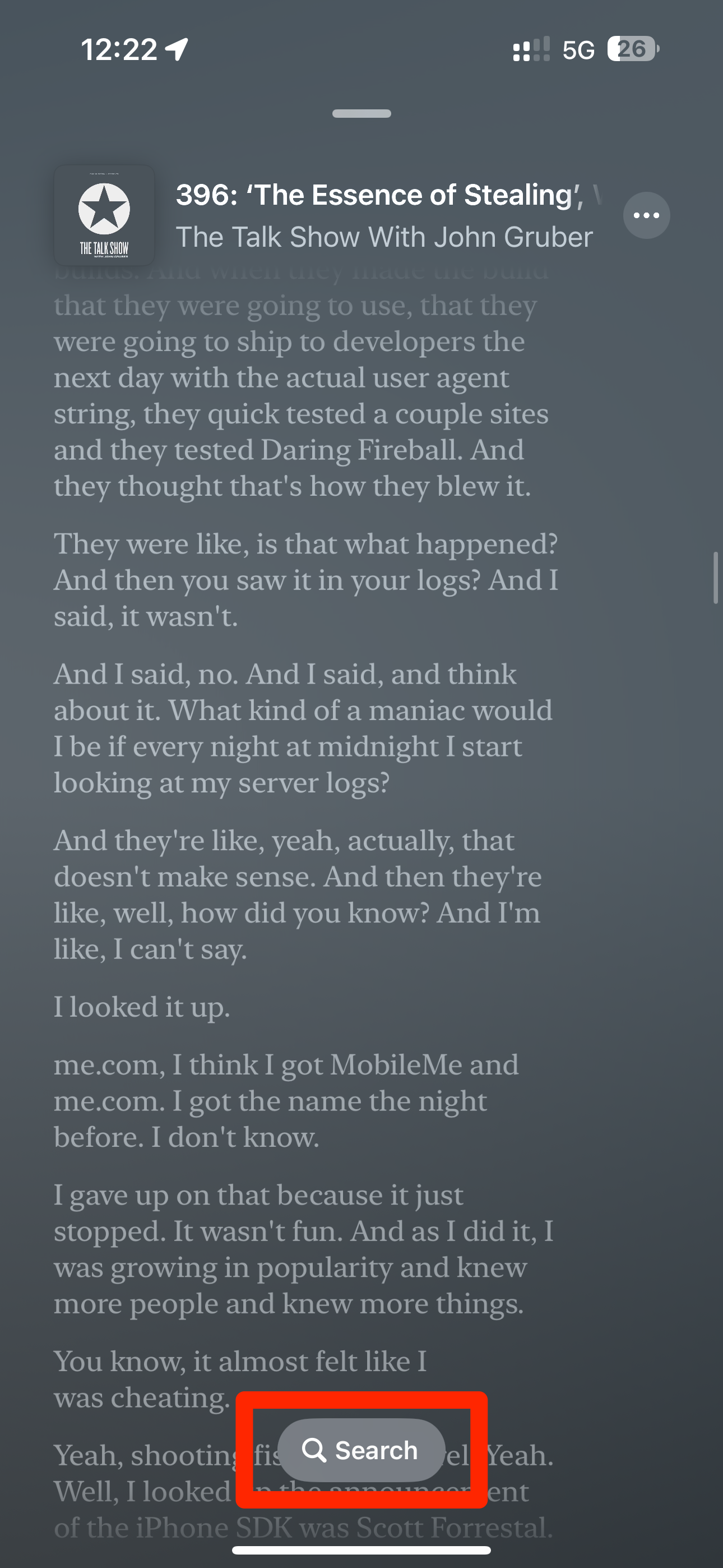 Episode Transcript in Apple Podcasts on iPhone, with the Search button highlighted.