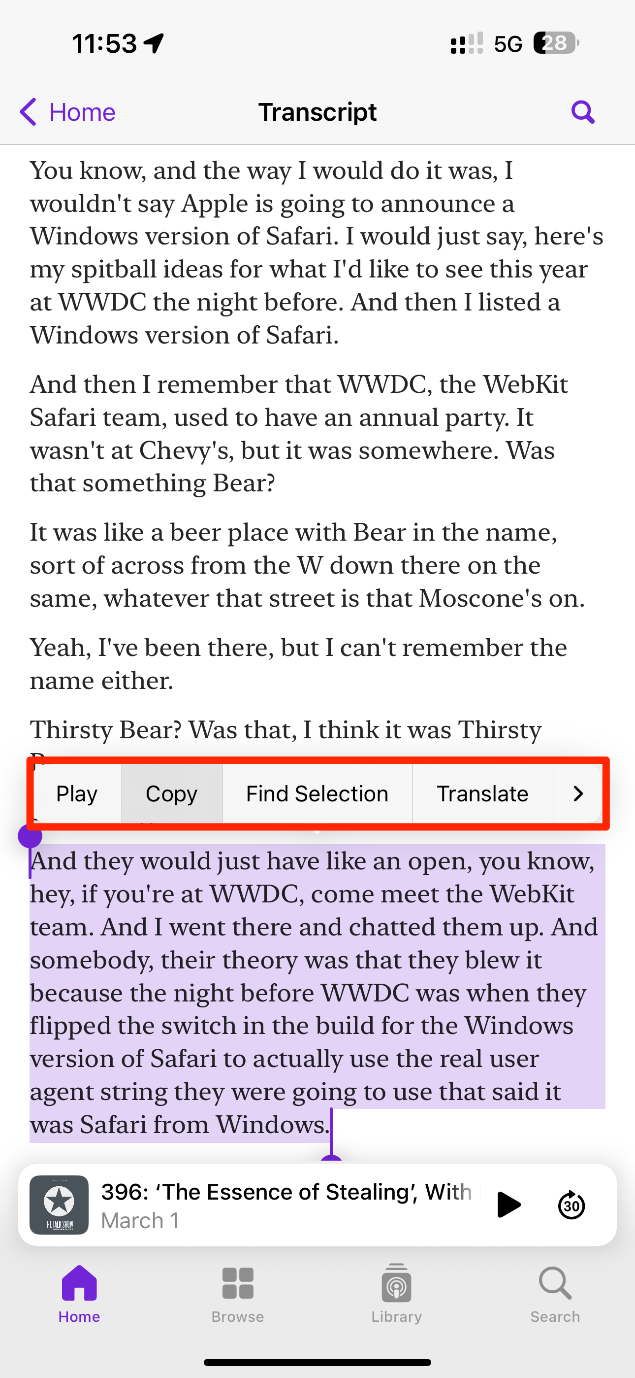Episode transcript in Apple Podcasts on iPhone, with the Copy command selected in the bubble menu