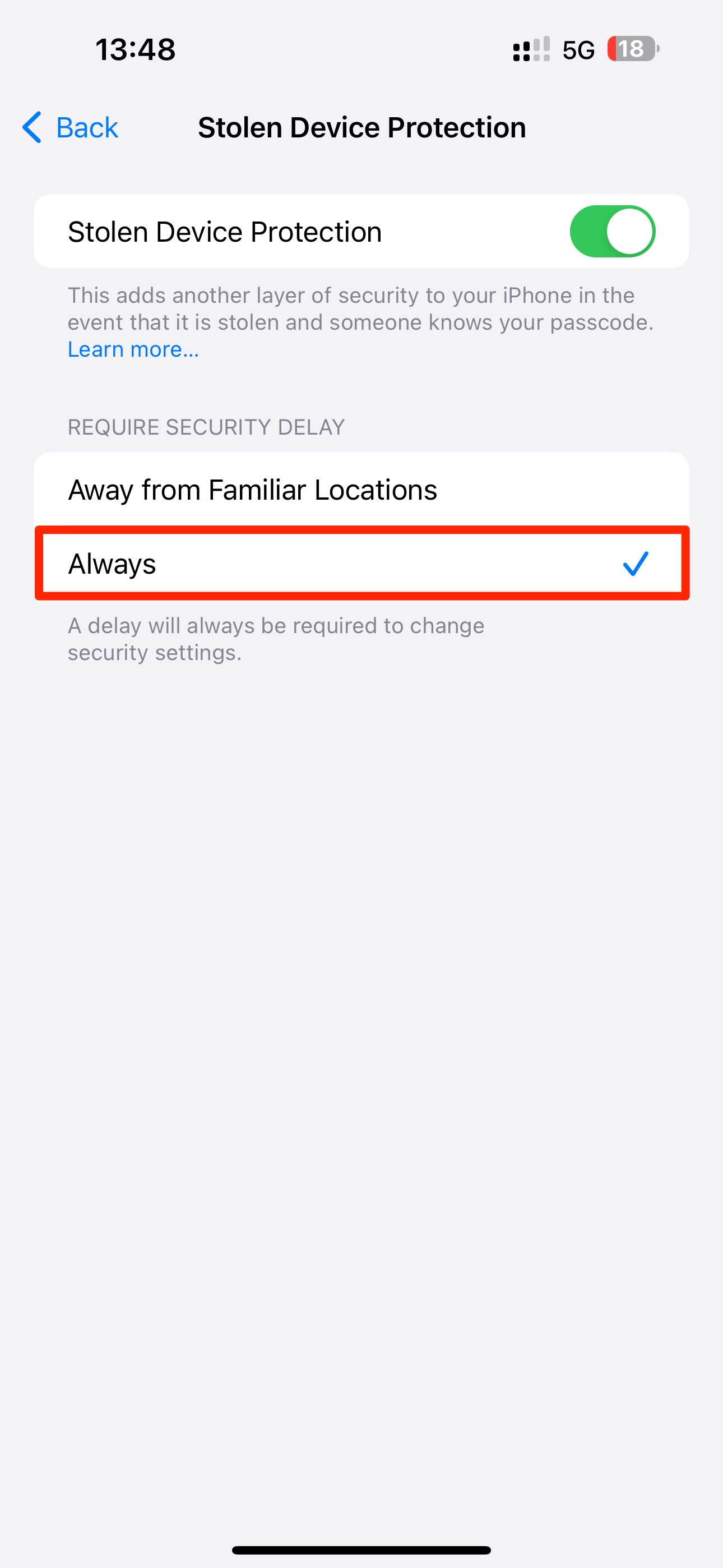 Security delay for Stolen Device Protection set to Always in Settings on iPhone.