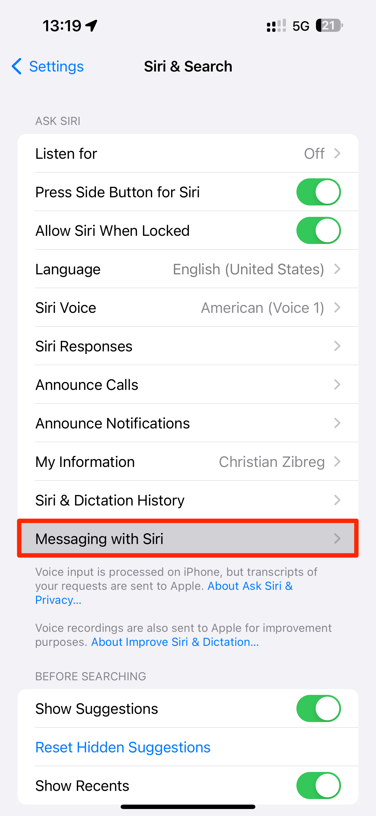 Siri setting on iPhone with the Messaging With Siri option highlighted.