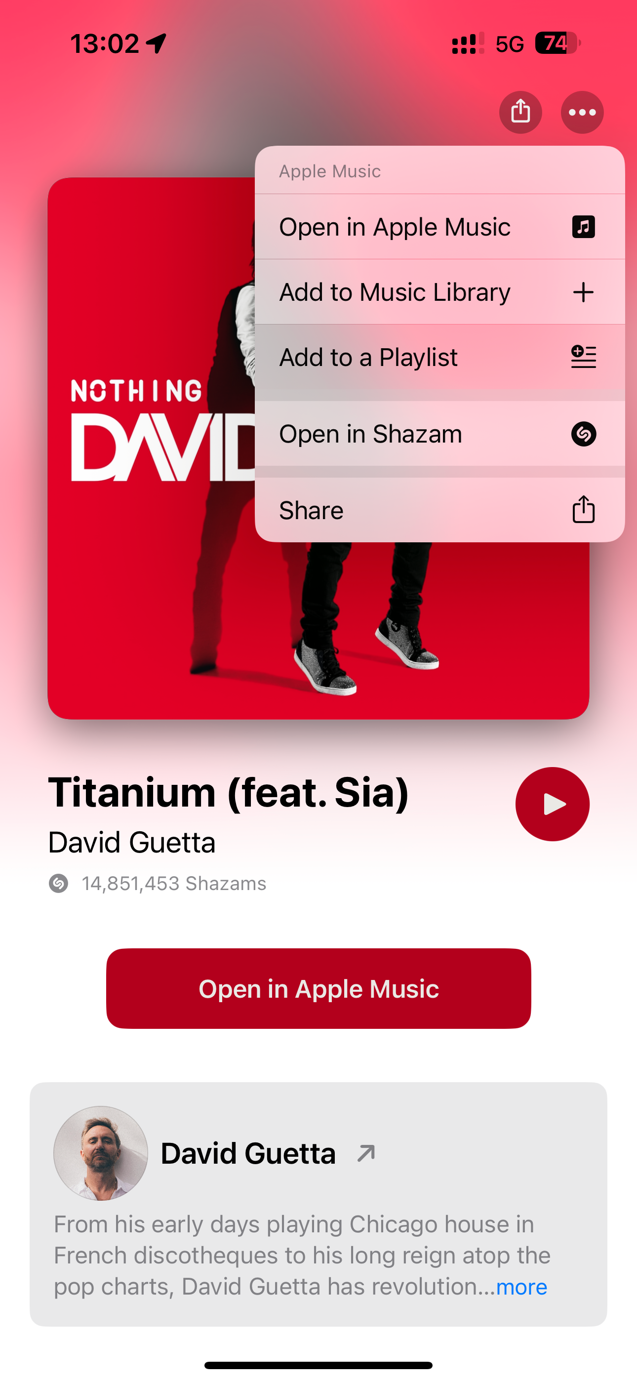 Results screen for Shazam Music Recognition on iPhone, with the Add To Playlist menu option highlighted.