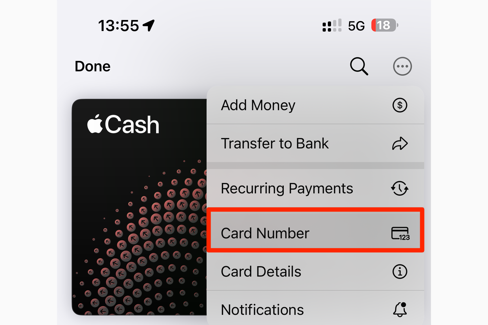 Wallet app on iPhone with Apple Cash Card Number menu option highlighted.