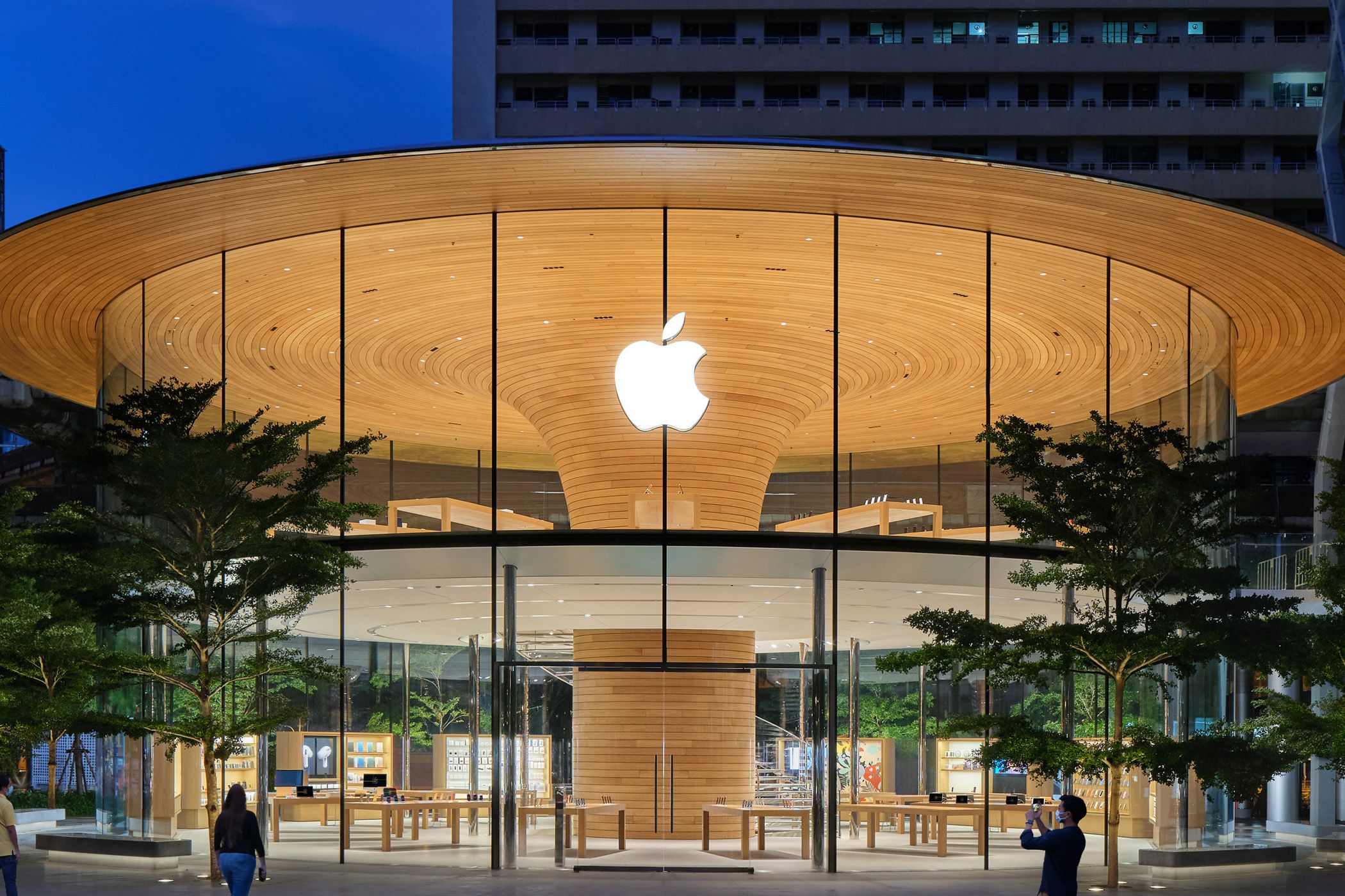 Illuminated Apple Store with a curved wooden design at dusk.