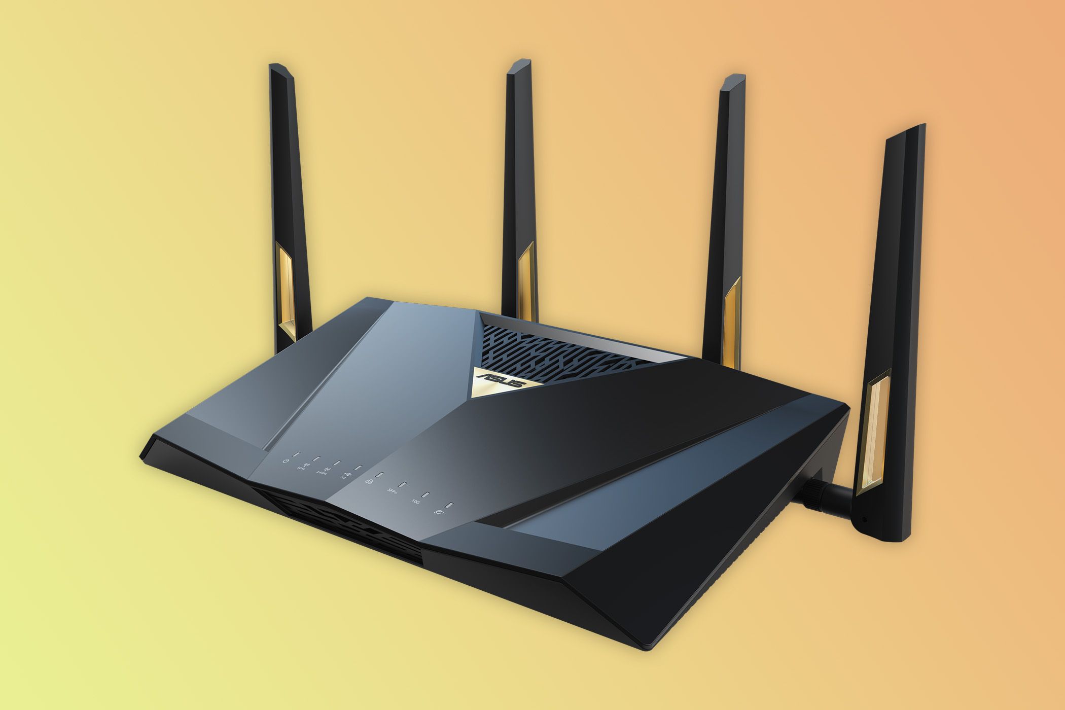 Black router with four antennas.