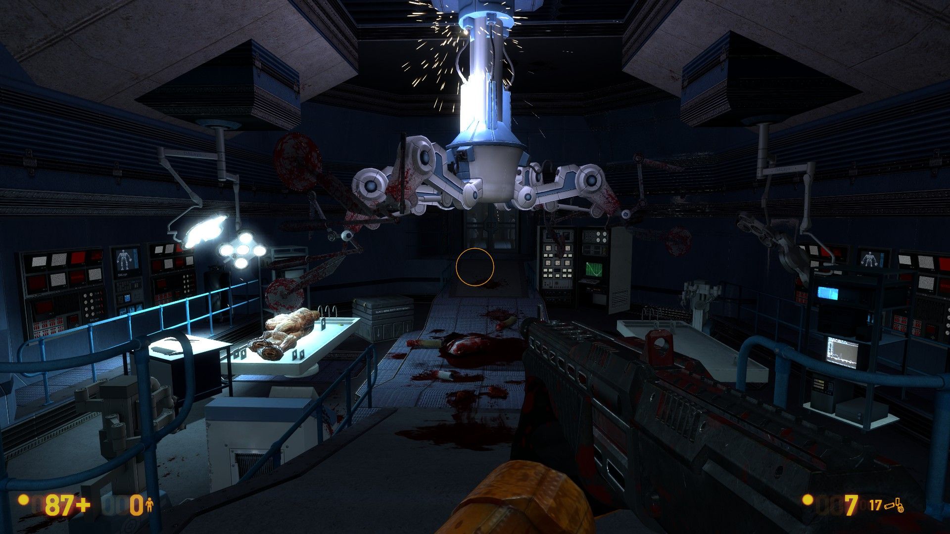 A laboratory scene from Black Mesa showing alien experimentation while the protagonist holds a machine gun in first-person.