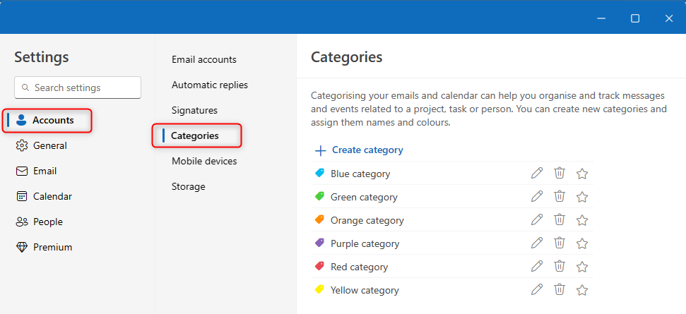 The Outlook &lsquo;Settings&rsquo; window open, accessed via the &lsquo;Settings&rsquo; cog, and Accounts &gt; Categories selected within the window.
