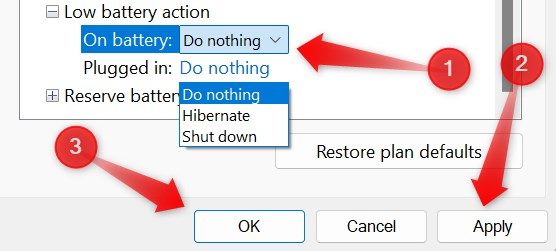 Changing the low battery action in power settings.