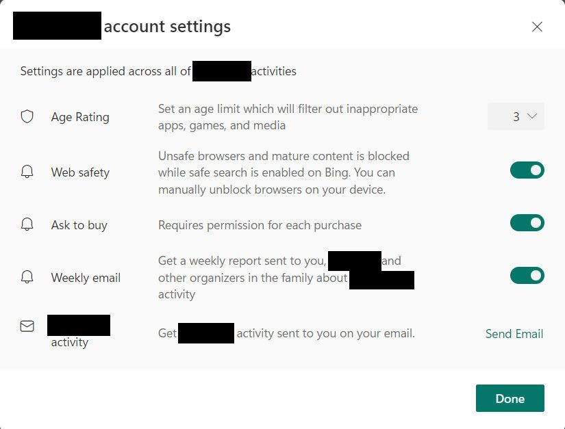 The account settings of a child's account in the Family app on Windows 11.