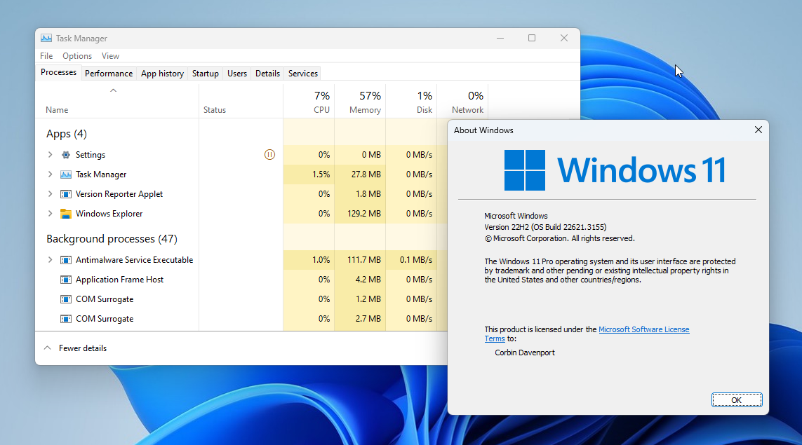 Windows 11 Task Manager استفاده از CPU، حافظه، دیسک و شبکه را نشان می دهد.