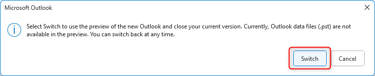 A Microsoft Outlook pop-up window checking that the user wants to make the switch to the new version.