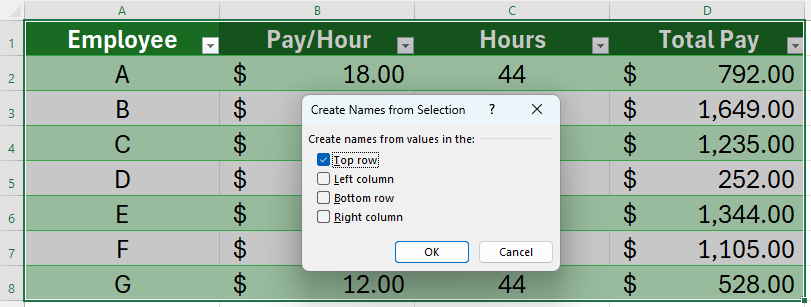 Excel's 'Create From Selection' dialog box open with 'Top Row' selected.