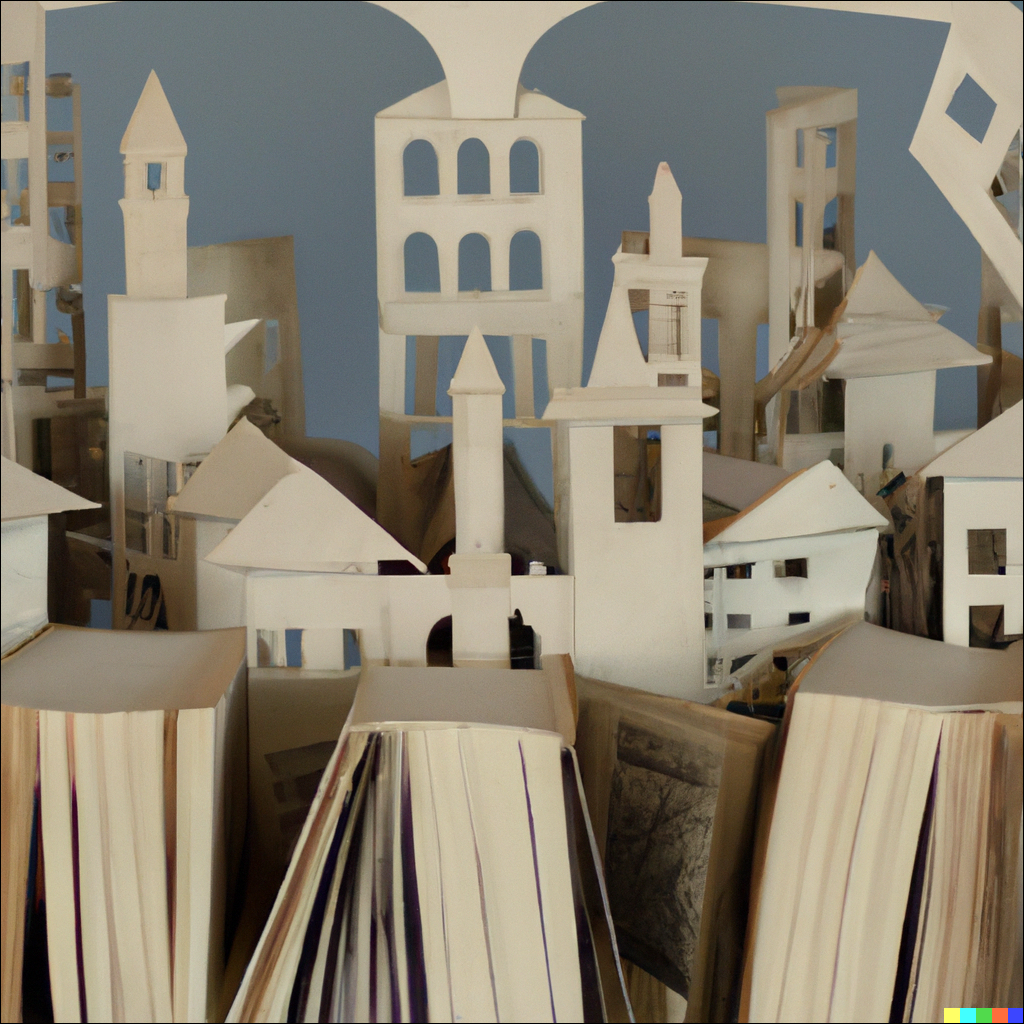 "Visualize a city made entirely of books and paper."
