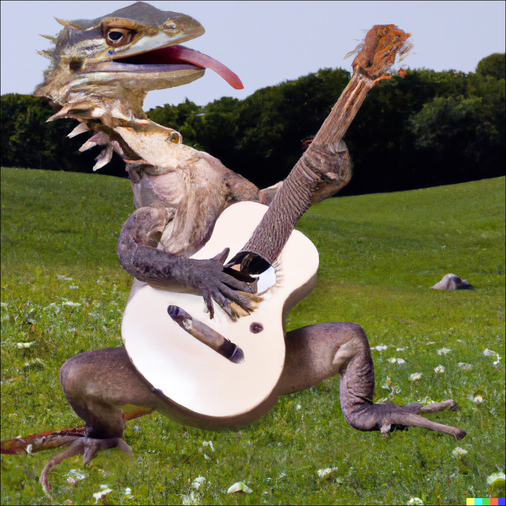 "Generate an image of a dragon playing a guitar in a meadow."