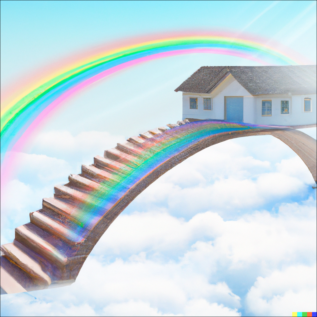 "Create a scene of a house floating in the clouds with a rainbow bridge leading up to it."